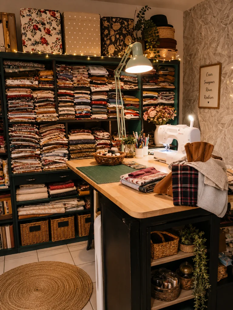Atelier de couture avec tissus, machine à coudre et table de création
