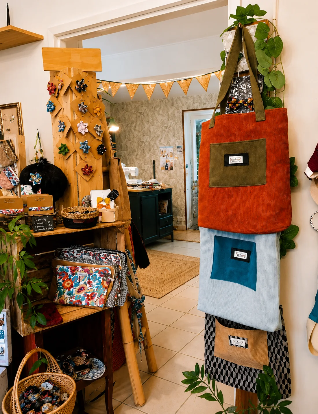 Présentoir de sacs et accessoires textiles faits main dans la boutique