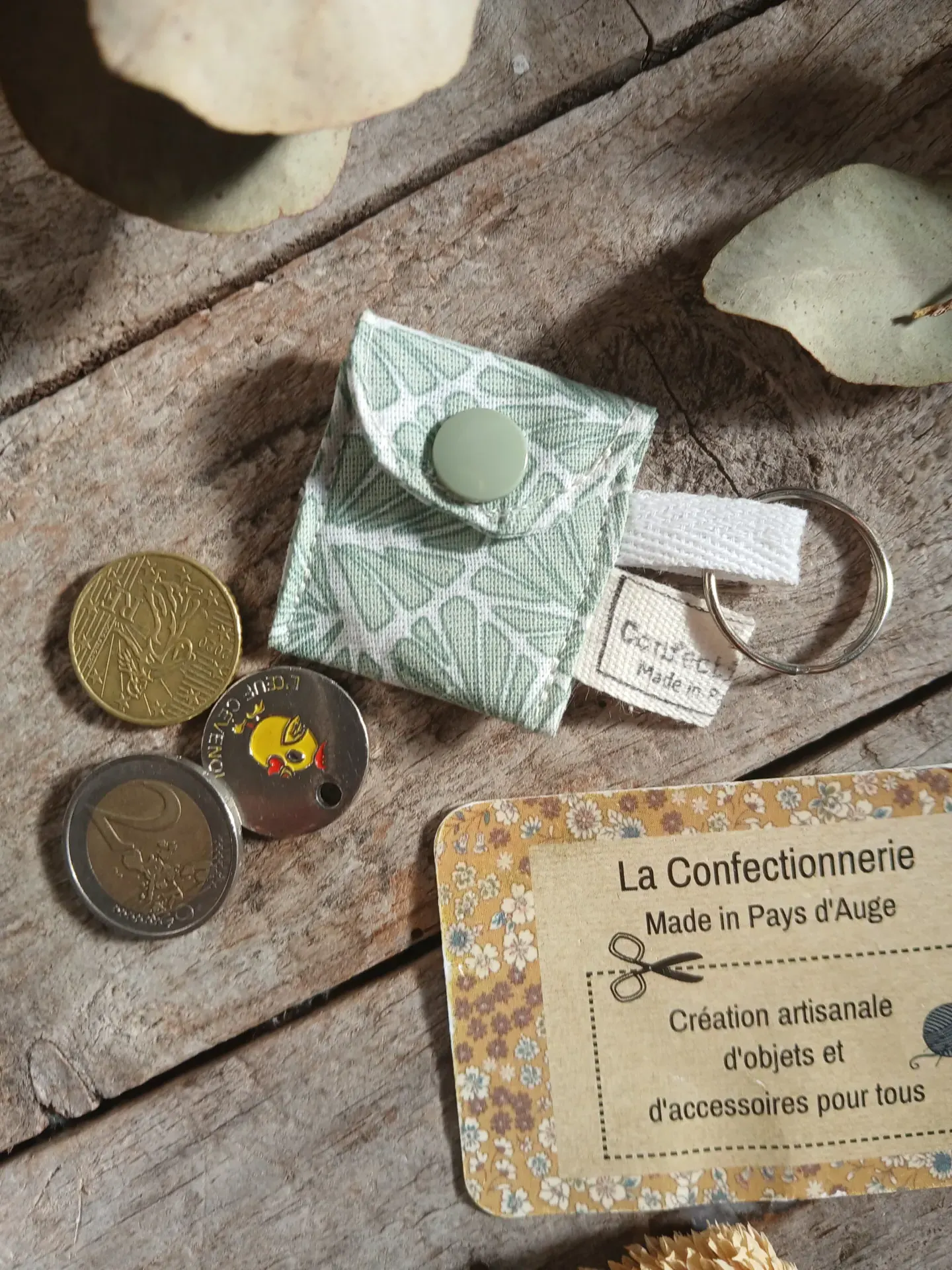Mini porte-clés porte-monnaie/jeton - imprimé vert d'eau et blanc