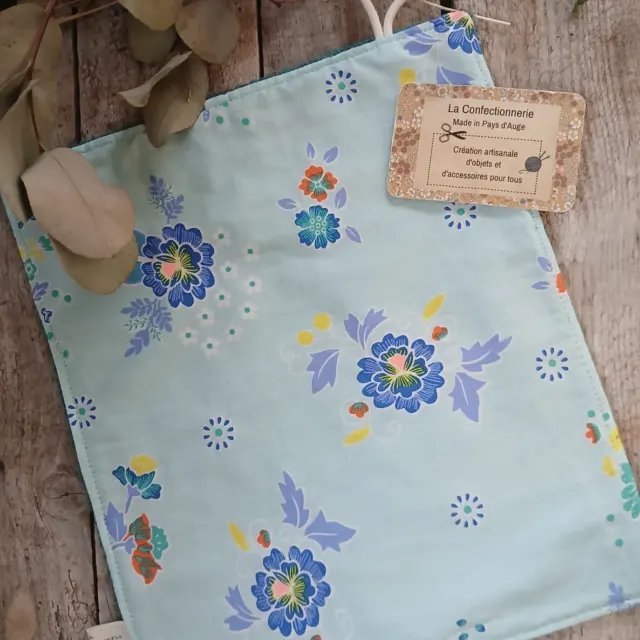 Torchon essuie-mains réversible – Coton fleuri bleu & éponge