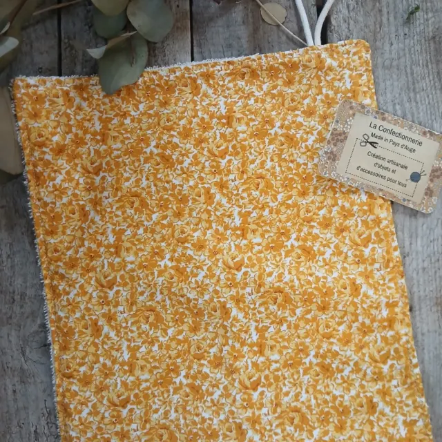 Torchon essuie-mains réversible – Coton fleuri jaune & éponge
