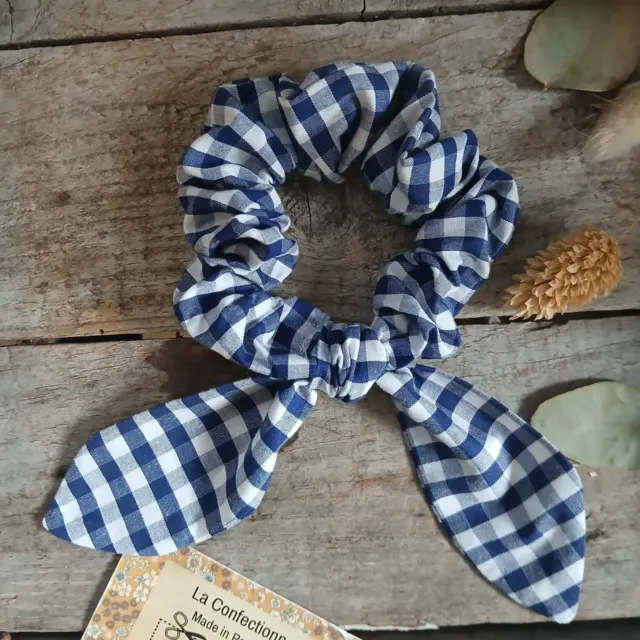 Chouchou avec nœud amovible - 2 en 1 - vichy bleu marine et blanc