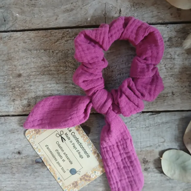 Chouchou avec nœud amovible – 2 en 1- gaze de coton fuchsia