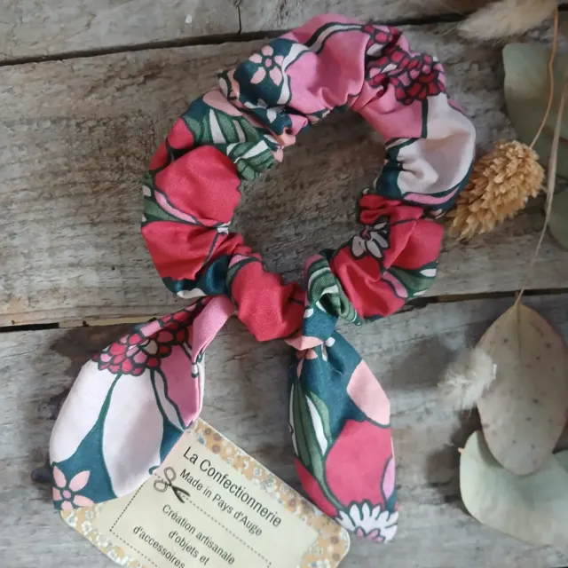 Chouchou avec nœud amovible – 2 en 1-  fleuri rouge et rose