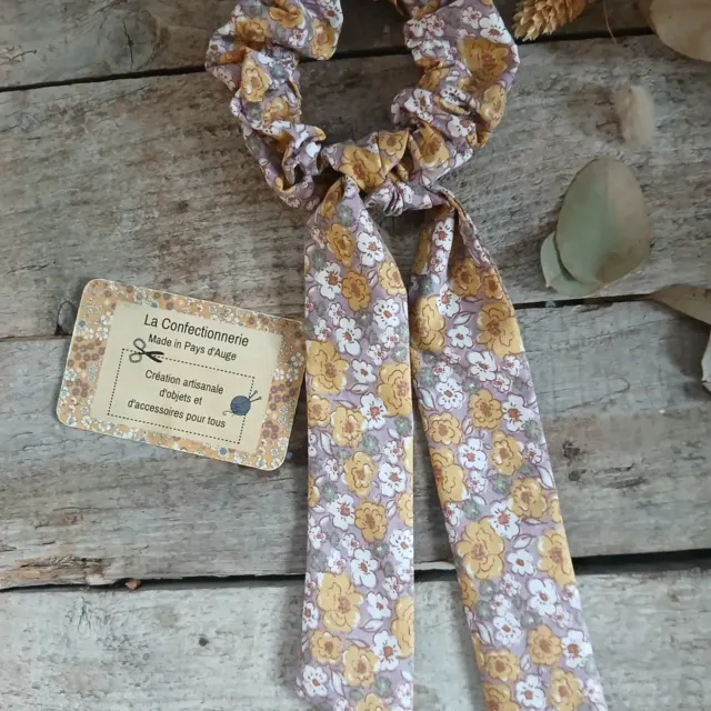 Chouchou / Scrunchie avec grand nœud amovible - parme fleuri jaune