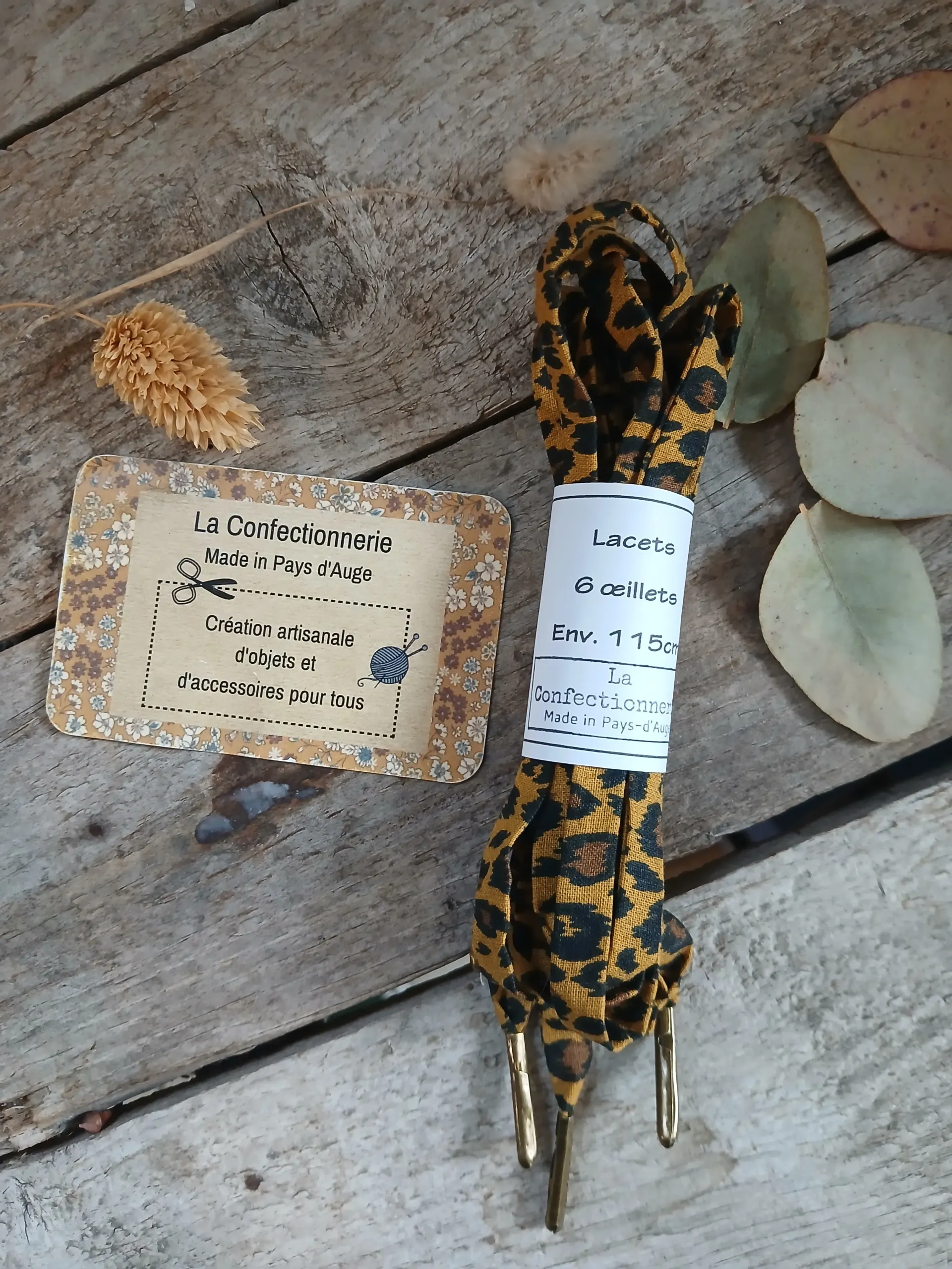 Lacets fantaisie en tissu – léopard jaune moutarde 6 œillets – Image 4