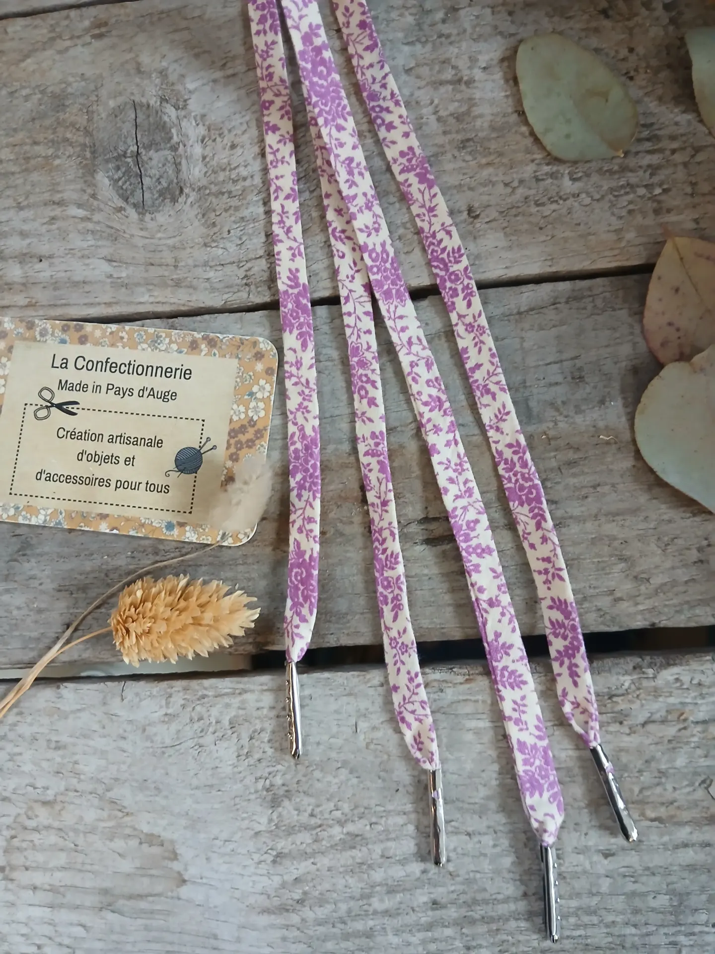 Lacets fantaisie en tissu – feuillage violet 8 œillets