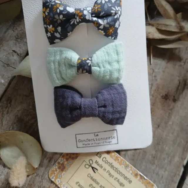 Trio de barrettes nœuds en coton - bleu/gris