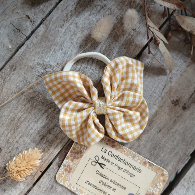 Élastique à cheveux papillon - vichy jaune moutarde