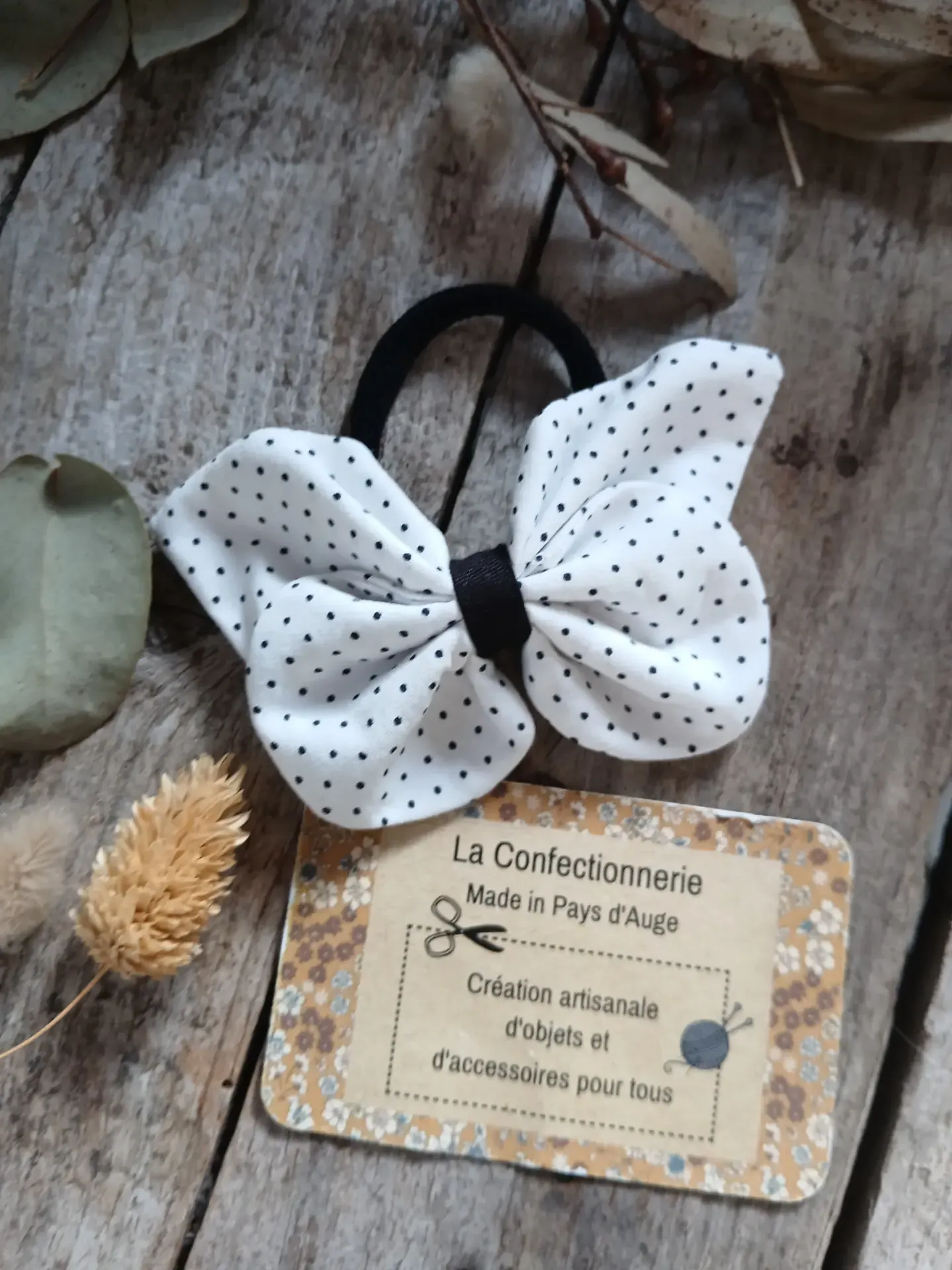 Élastique à cheveux papillon - blanc à pois noirs