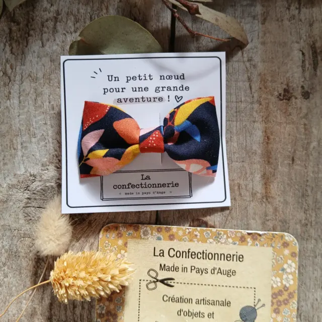 Barrette nœud en coton - bleu marine/terracotta/jaune