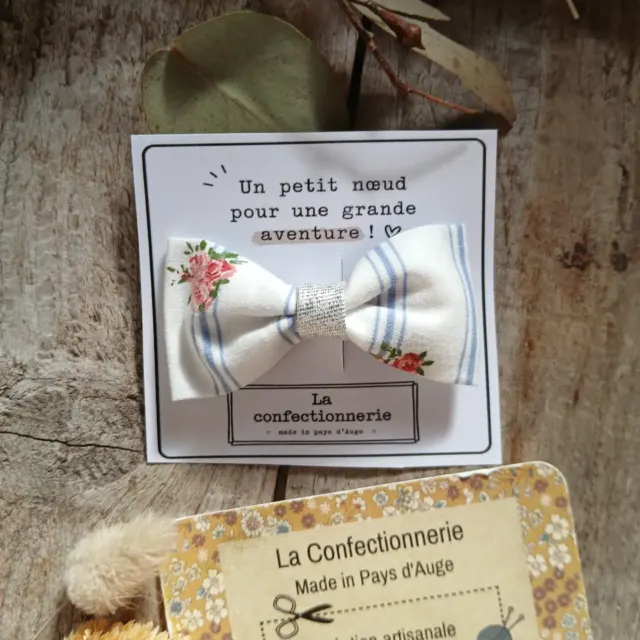 Barrette nœud en coton - blanc rayé bleu
