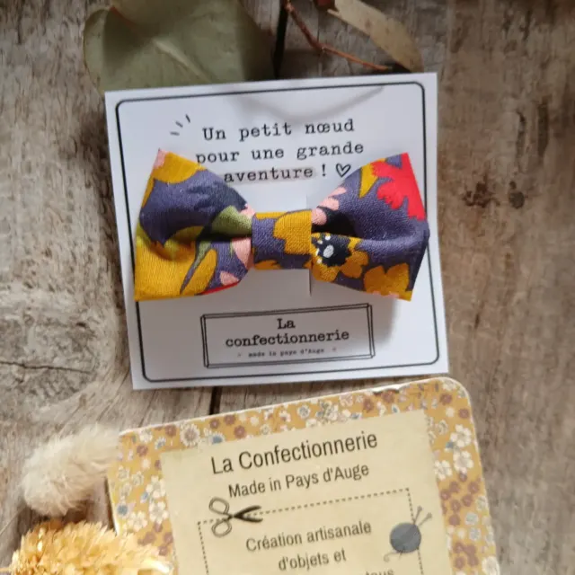 Barrette nœud en coton - violet et jaune moutarde