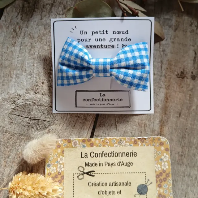 Barrette nœud en coton - vichy bleu turquoise