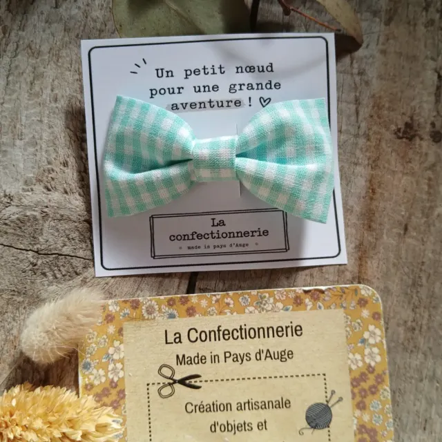 Barrette nœud en coton - vichy bleu ciel