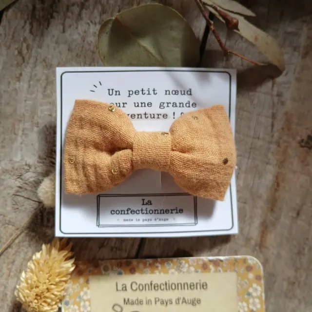 Barrette nœud en coton - gaze de coton camel et pois dorés