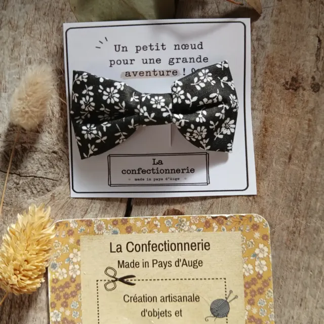 Barrette nœud en coton - noir petites fleurs blanches