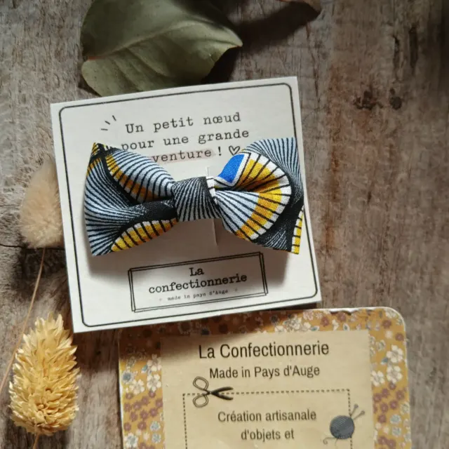 Barrette nœud en coton - wax noir/bleu/jaune