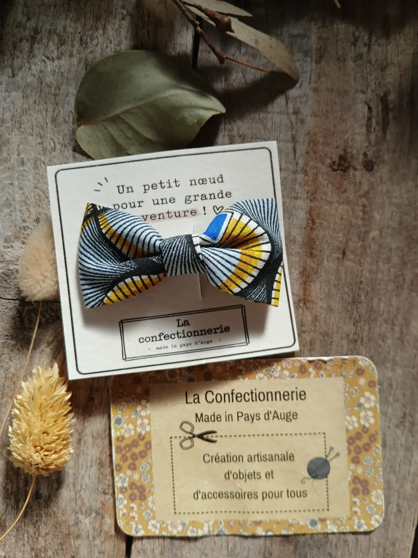 Barrette nœud en coton - wax noir/bleu/jaune