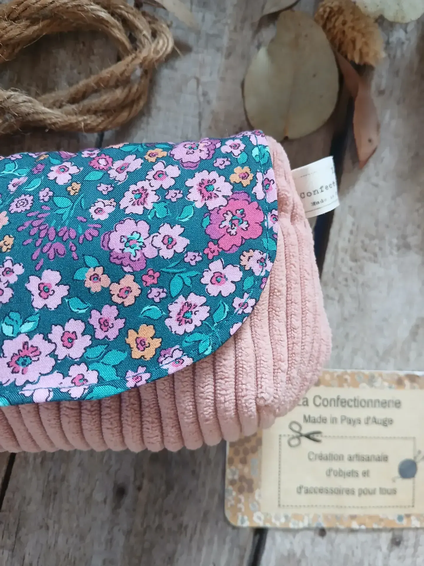 Étui à lunettes en tissu – fleuris rose et bleu pétrole / velours côtelé rose – Image 4