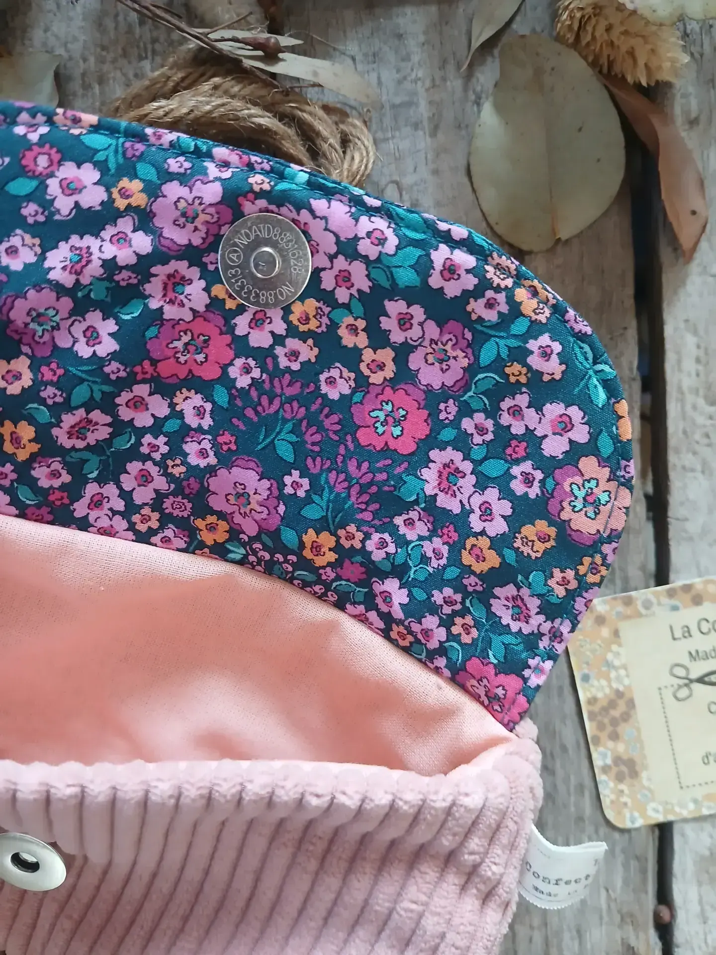 Étui à lunettes en tissu – fleuris rose et bleu pétrole / velours côtelé rose – Image 3