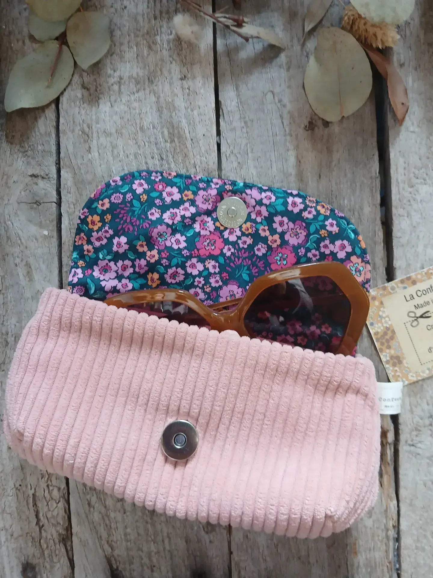 Étui à lunettes en tissu – fleuris rose et bleu pétrole / velours côtelé rose – Image 2