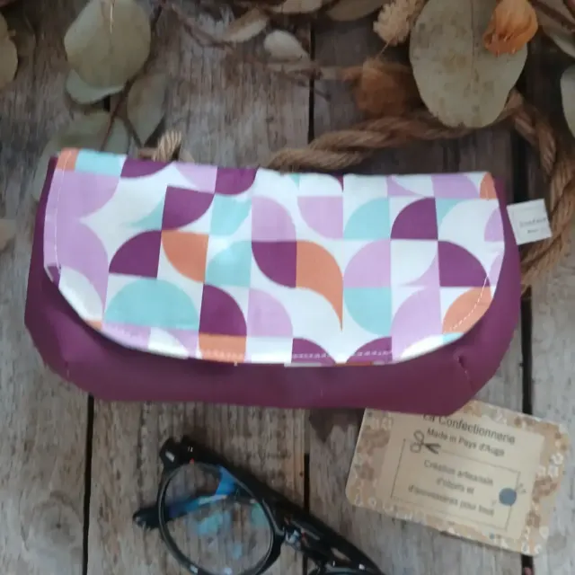 Étui à lunettes en tissu – imprimé géométrique/ Simili cuir prune