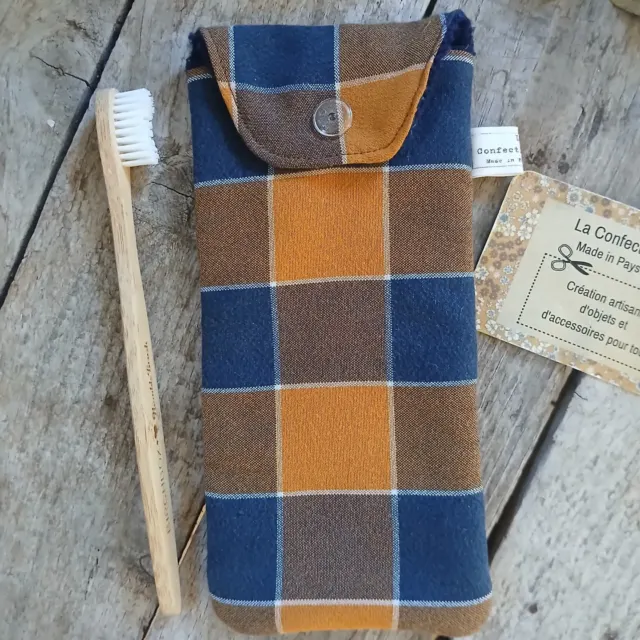 Pochette nomade multi-usage – Brosse à dents ou lunettes - Carreaux bleu marine et jaune