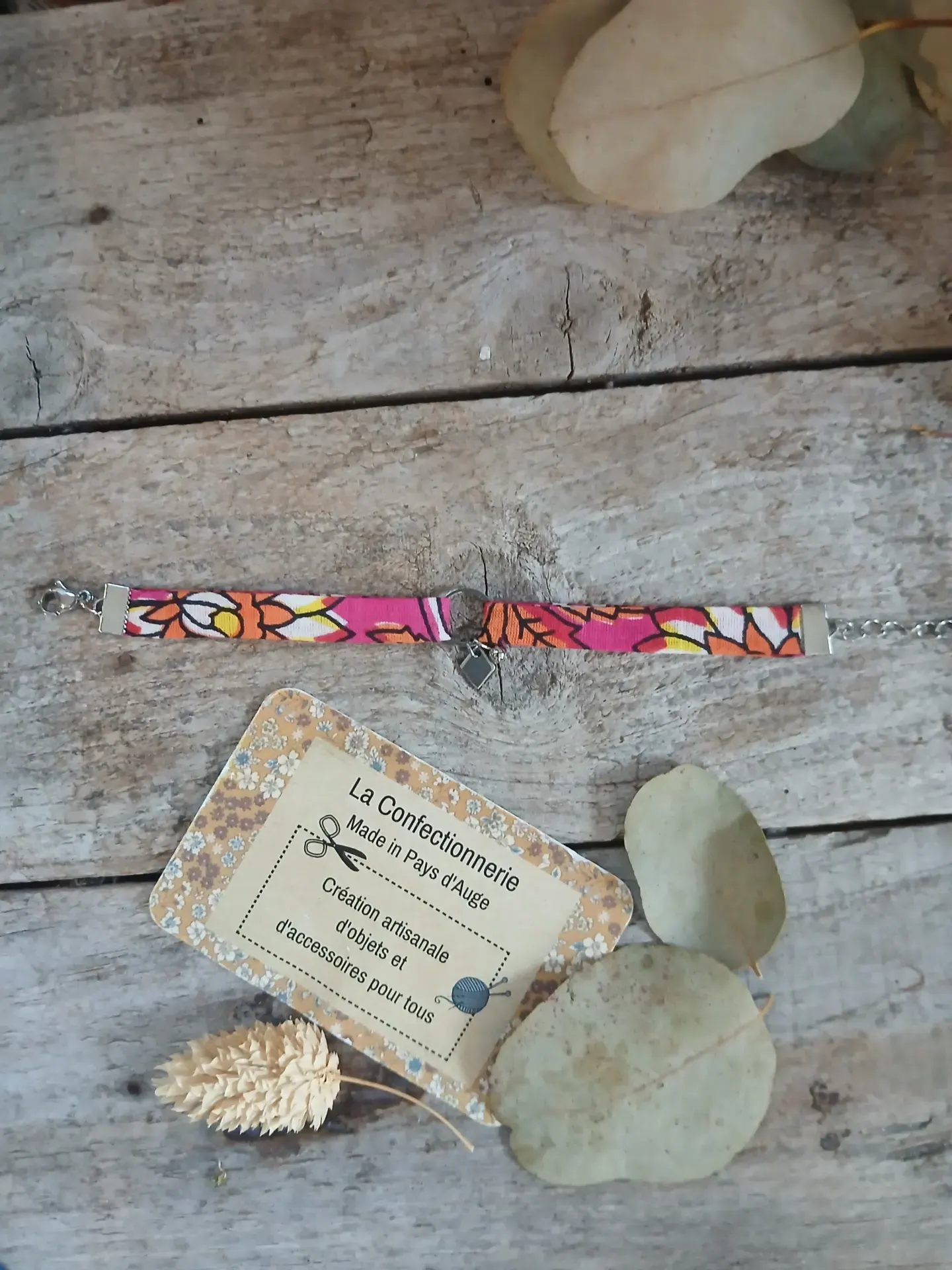 Bracelet en tissu et acier inoxydable argenté – Réglable – Fuchsia et orange