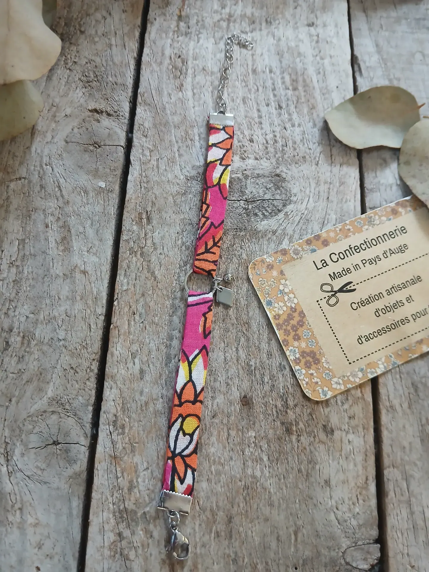 Bracelet en tissu et acier inoxydable argenté – Réglable – Fuchsia et orange – Image 5