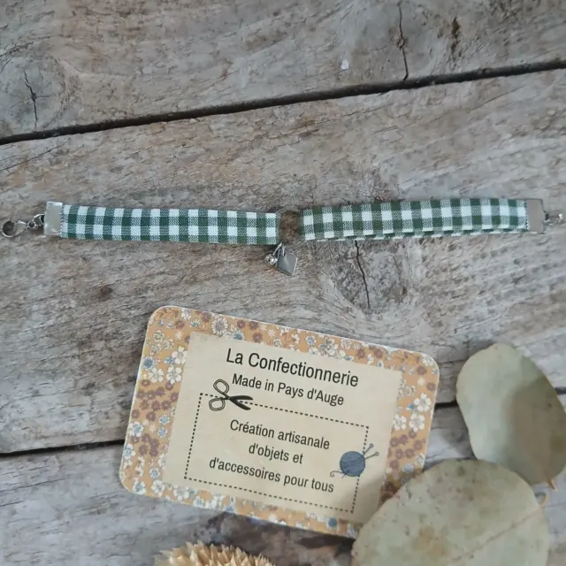 Bracelet en tissu et acier inoxydable argenté – Réglable – Vichy vert