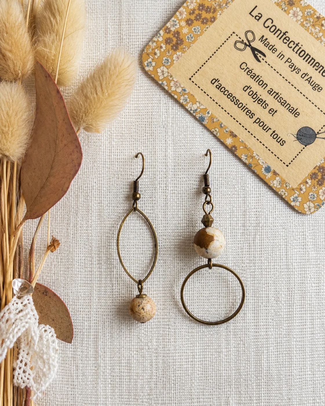 boucles d'oreilles dissociées- Jaspe naturelle marbrée