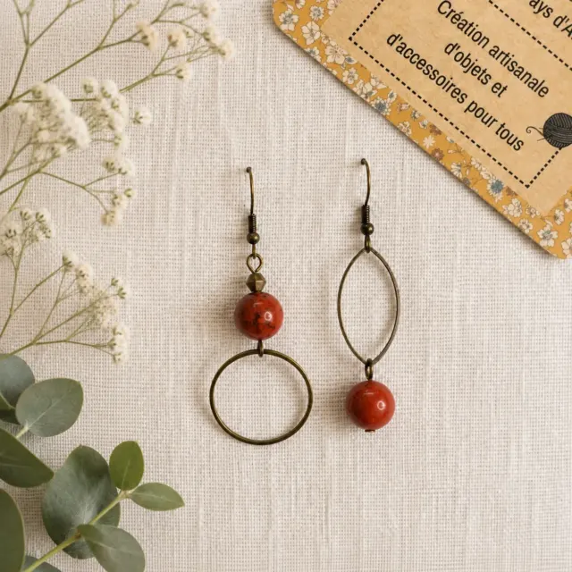 Boucles d'oreilles dissociées - Jaspe Red Stone