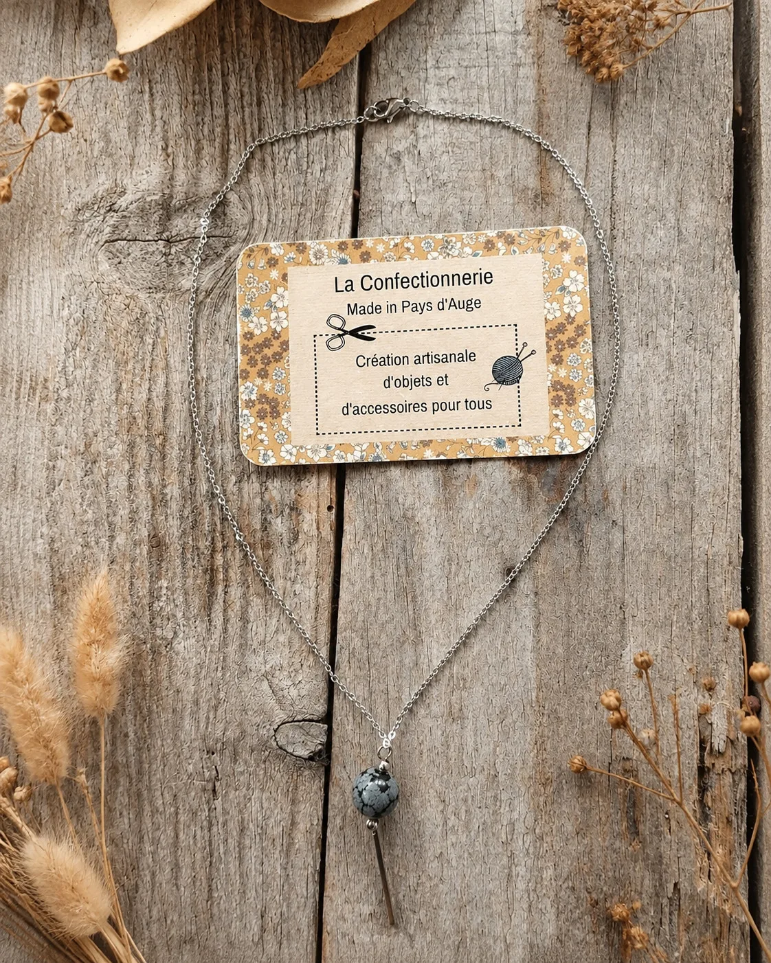 Collier argenté - perle obsidienne – Image 2