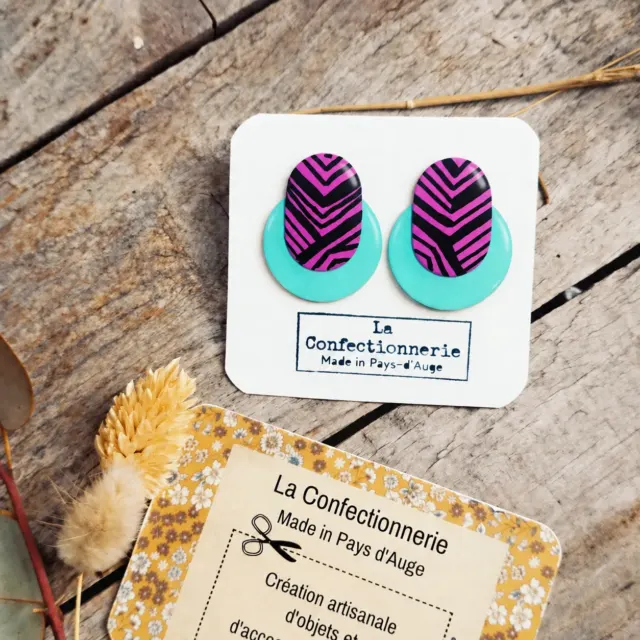 Boucles d’oreilles rétro 80’s – Turquoise & rose graphique – Pièce unique