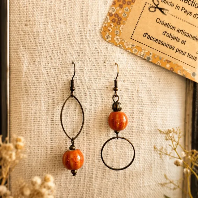 boucles d'oreilles dissociées perle céramique orangé
