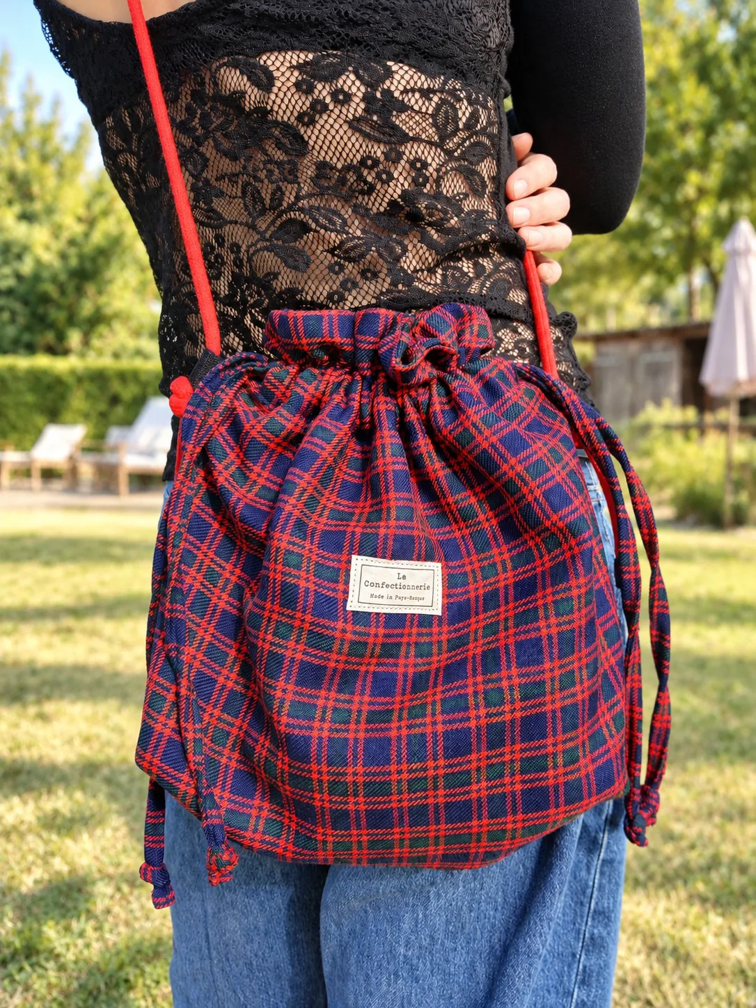 Sac pochon écossais rouge, bleu et vert