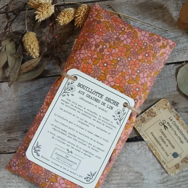Bouillotte rectangle aux graines de lin - fleuri orangé