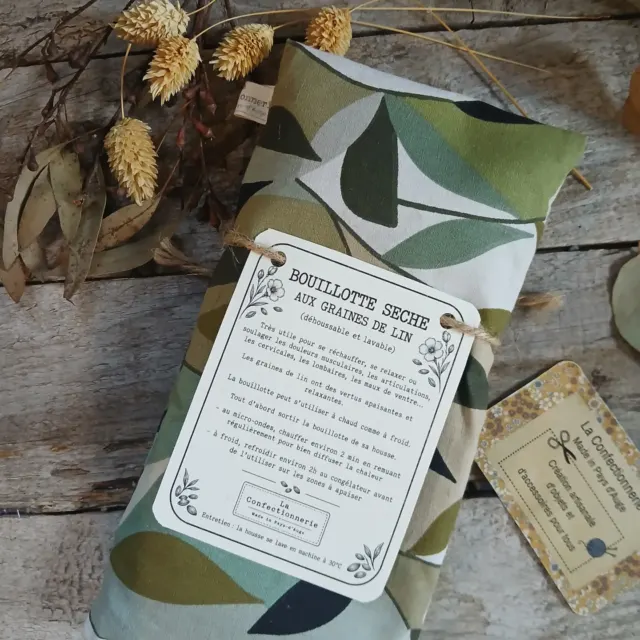 Bouillotte rectangle aux graines de lin - feuillage vert