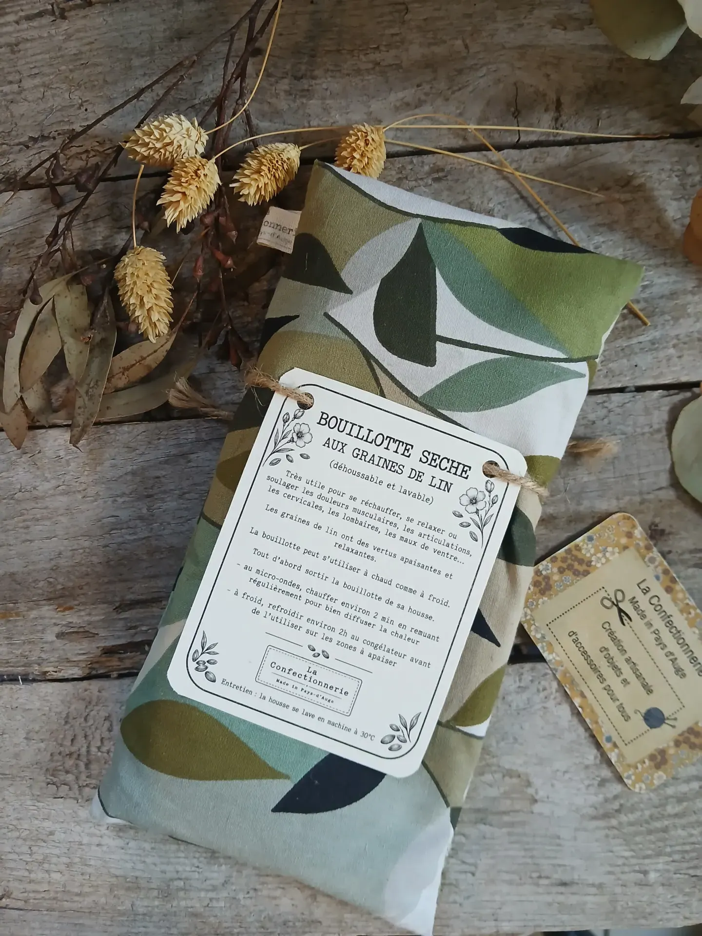 Bouillotte rectangle aux graines de lin - feuillage vert