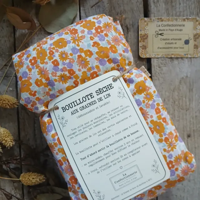 Bouillotte XXL aux graines de lin – petites fleurs oranges