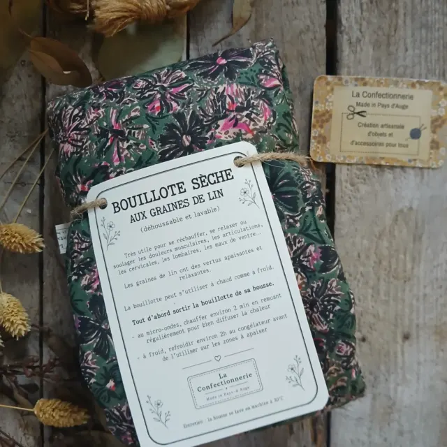 Bouillotte XXL aux graines de lin - vert profond /noir et rose
