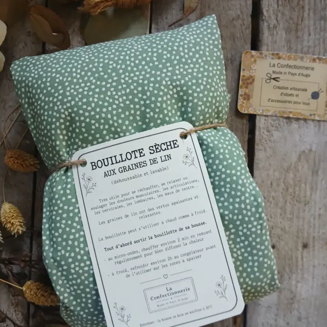 Bouillotte XXL aux graines de lin - vert sauge / pois blancs