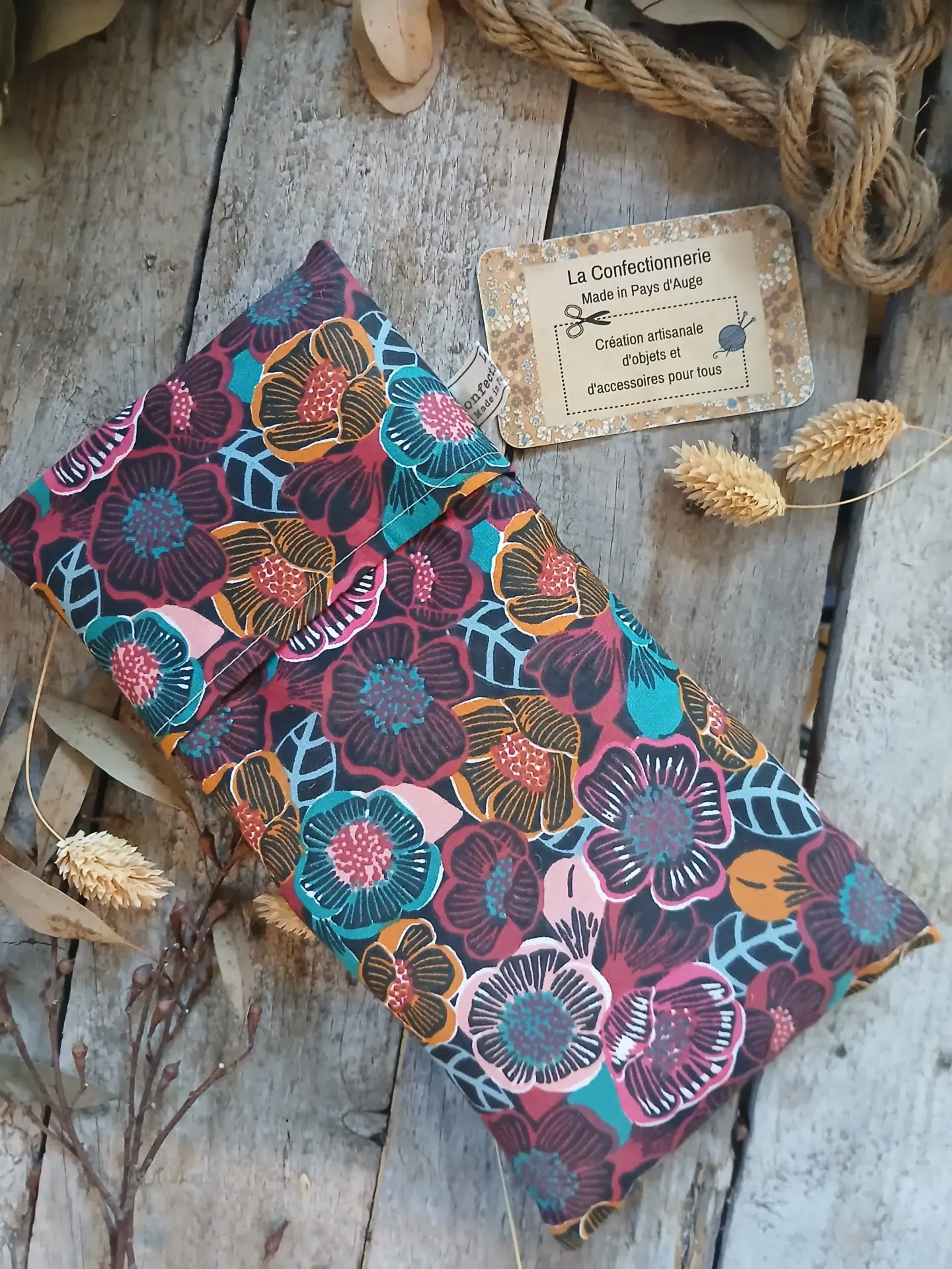 Bouillotte rectangle aux graines de lin - fleuri rose et bleu pétrole – Image 4