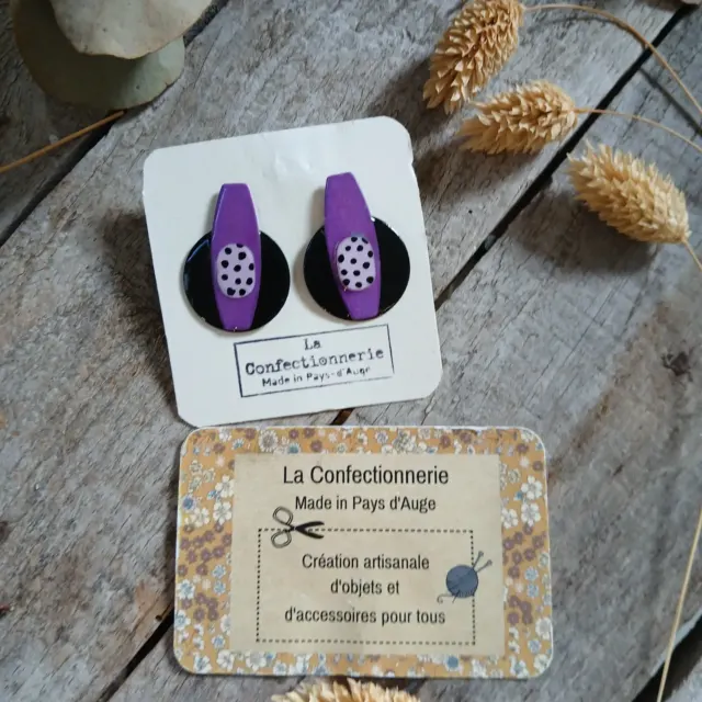 Boucles d’oreilles - Noir et violet à pois